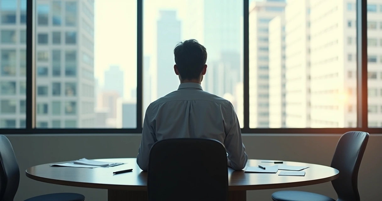 Homem olhando pela janela pensativo em sala de reunião vazia, papéis sobre a mesa. 