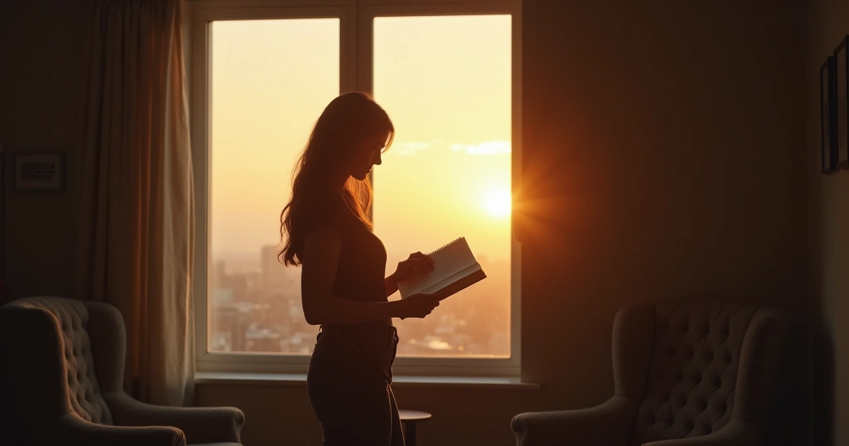 Pessoa refletindo diante de janela com caderno nas mãos 