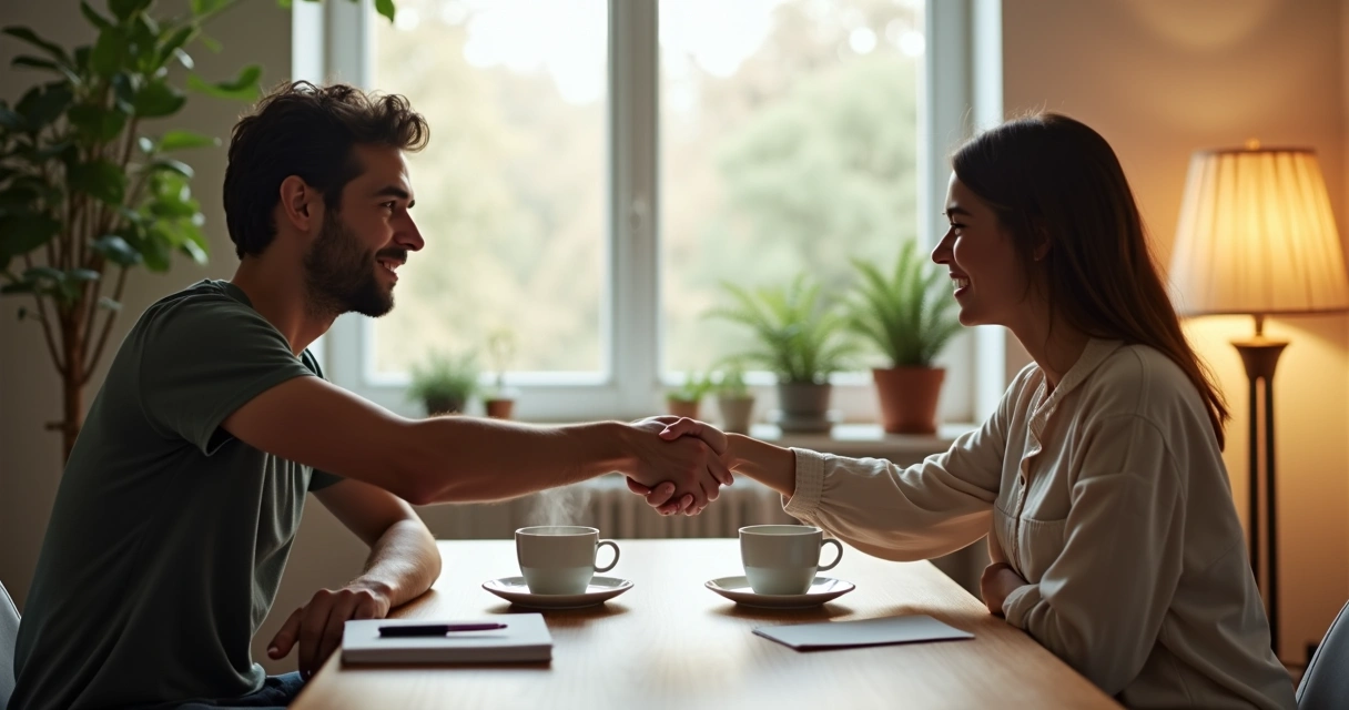 Duas pessoas se reconciliando com aperto de mãos em ambiente calmo 