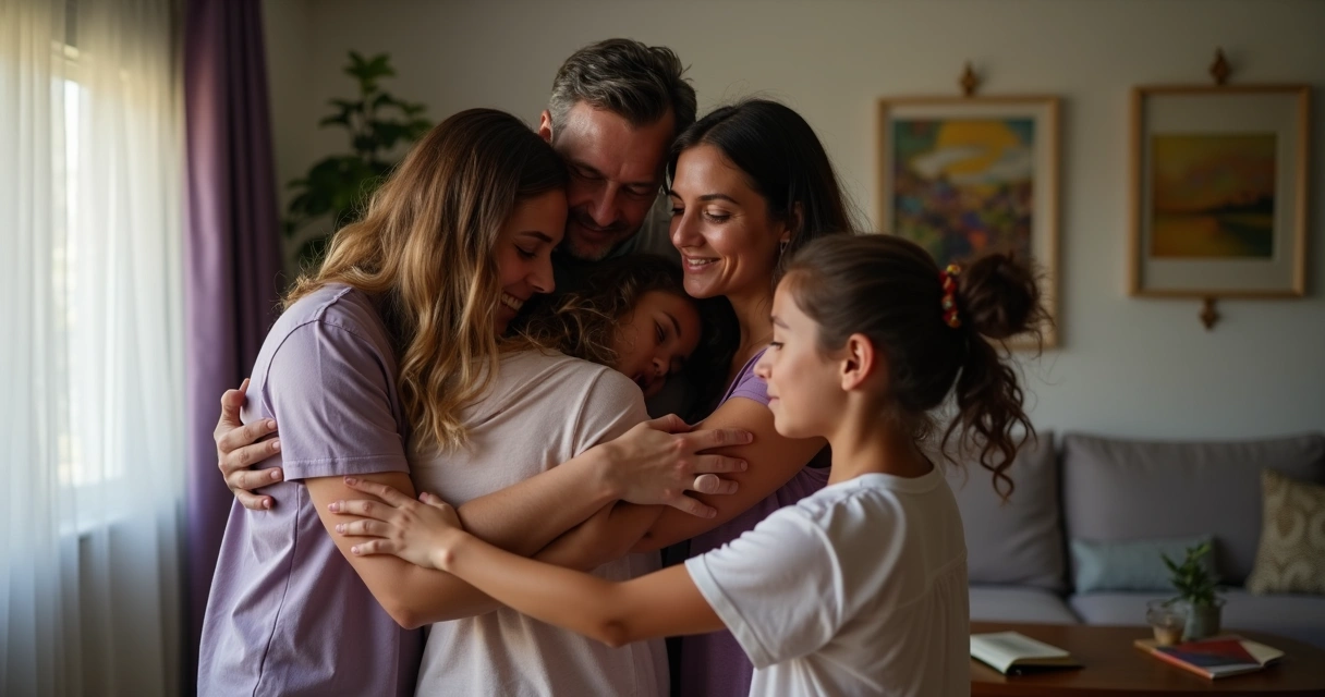 Pais e filhos se perdoando e se abraçando em casa. 