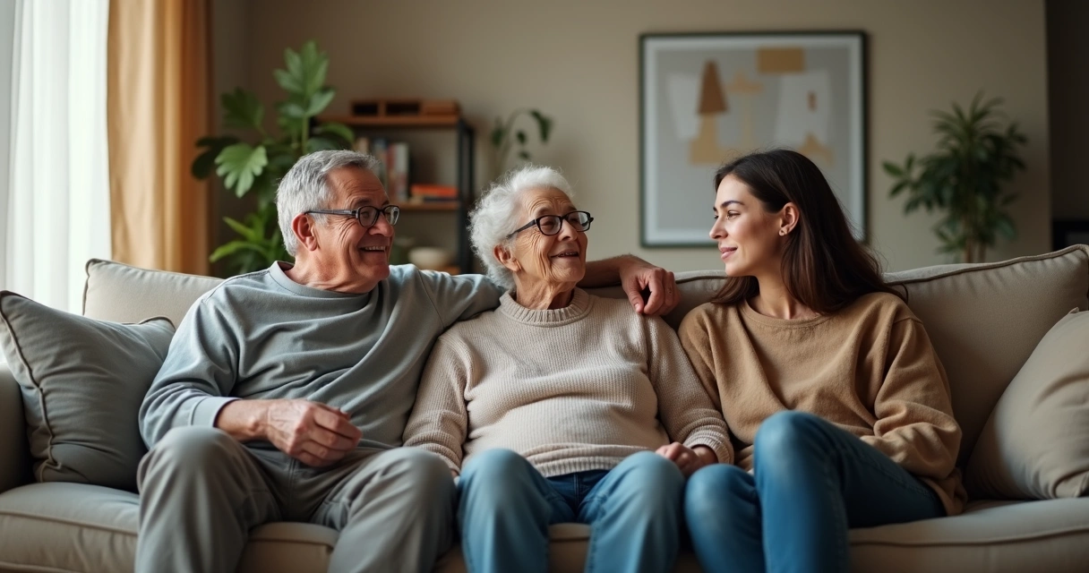Três gerações de uma família sentadas juntas em um sofá se olhando com acolhimento 