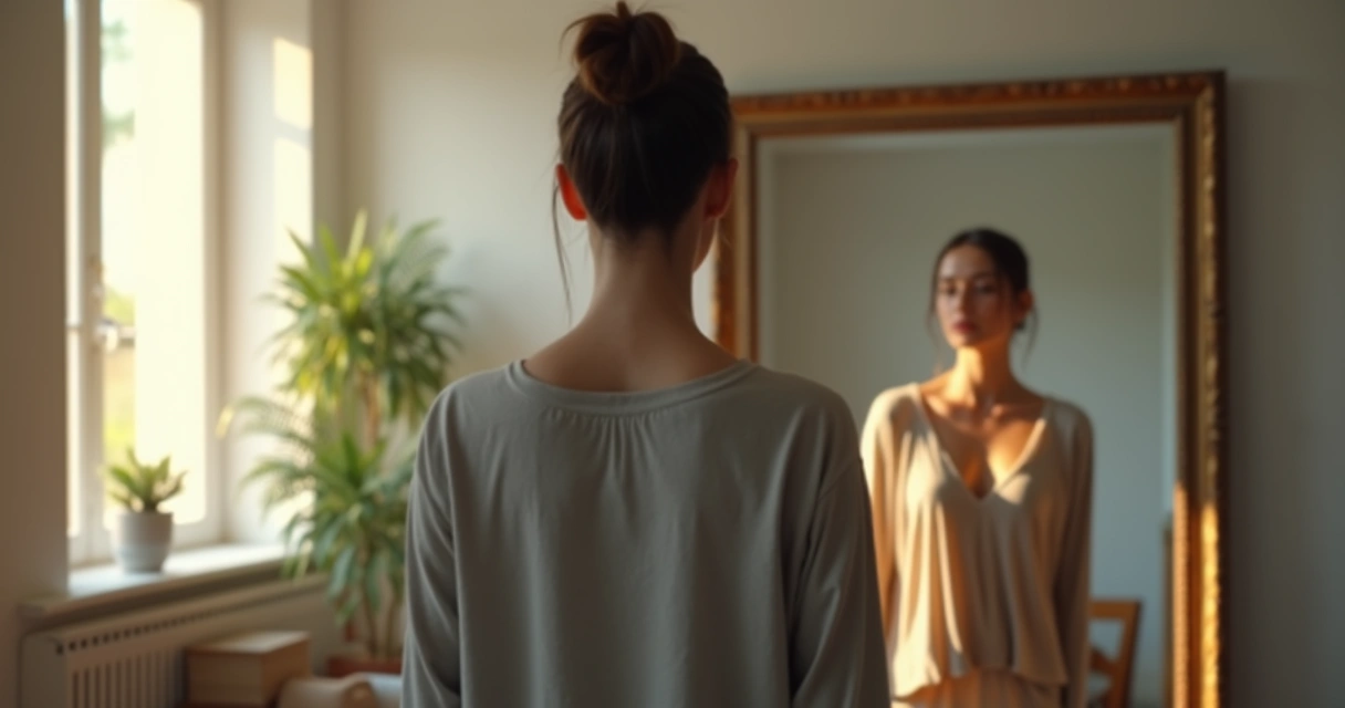 Pessoa em frente ao espelho com reflexão luminosa simbolizando perdão e evolução pessoal 