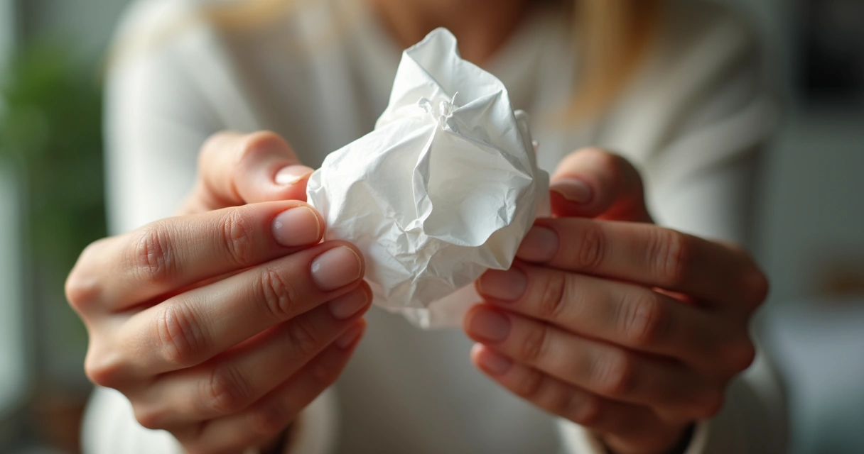 Mãos segurando papel amassado em ambiente iluminado