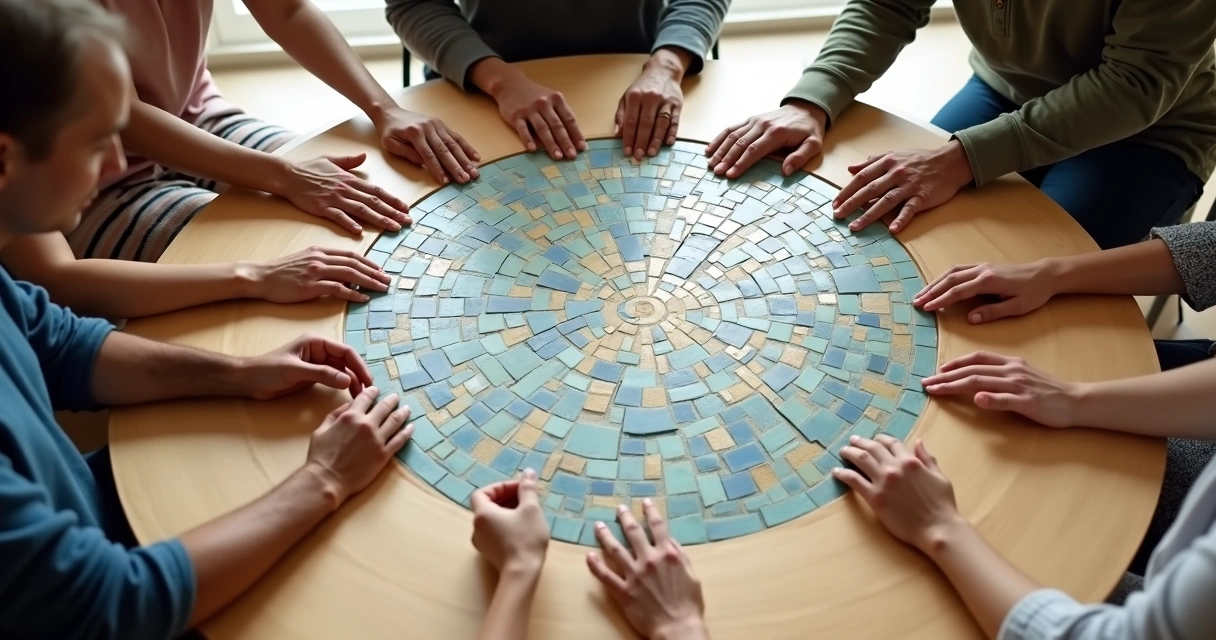 Grupo visto de cima formando círculo com peças quebradas de azulejo ao centro 