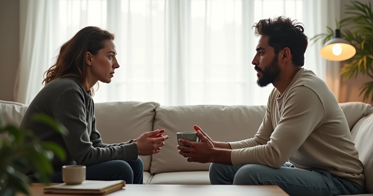 Duas pessoas em conversa séria sentadas frente a frente em um sofá 
