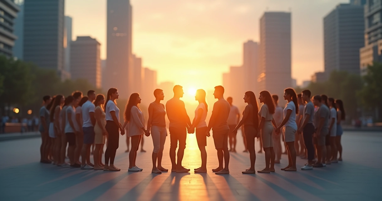 Personas unidas formando un círculo de luz en una ciudad al amanecer 