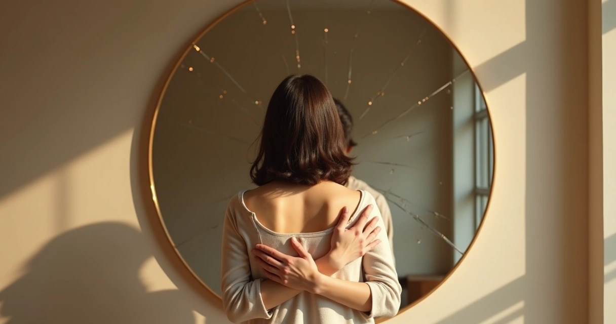 Persona con los ojos cerrados abrazándose a sí misma frente a un espejo roto que comienza a recomponerse 