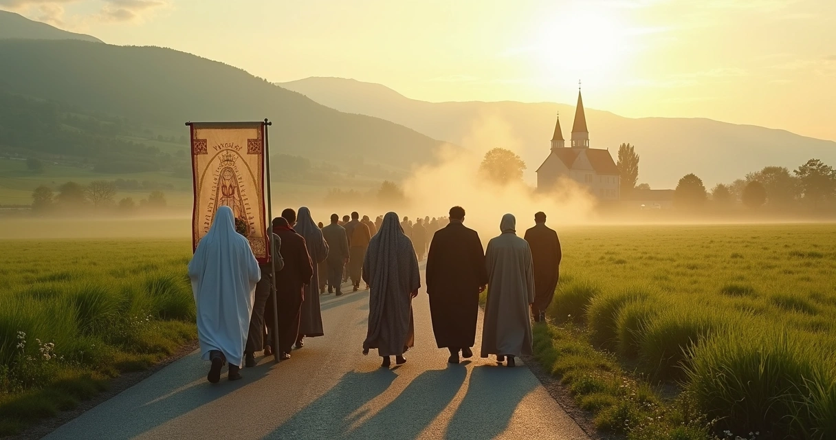 Peregrinos caminhando em estrada rodeada por verde levando estandarte mariano 