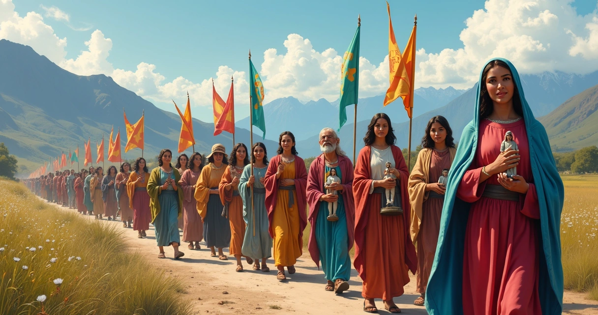 Peregrinação mariana com pessoas caminhando e bandeiras coloridas 