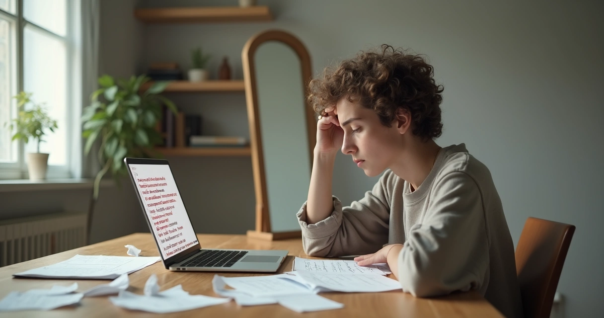 Pessoa encarando espelho rachado com imagem distorcida de si mesma 