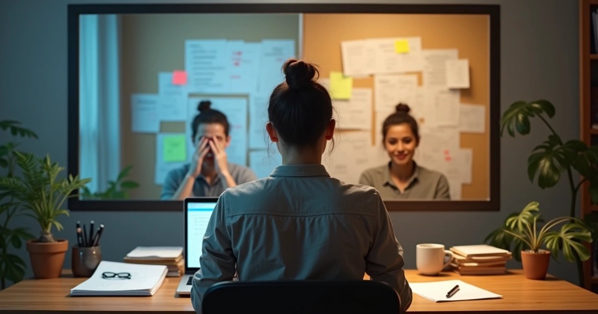 Persona reflexionando frente al espejo con luz dividida entre perfeccionismo y equilibrio interior 