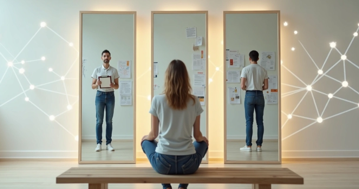 Pessoa diante de três espelhos refletindo versões diferentes de si com conexões sistêmicas ao fundo 