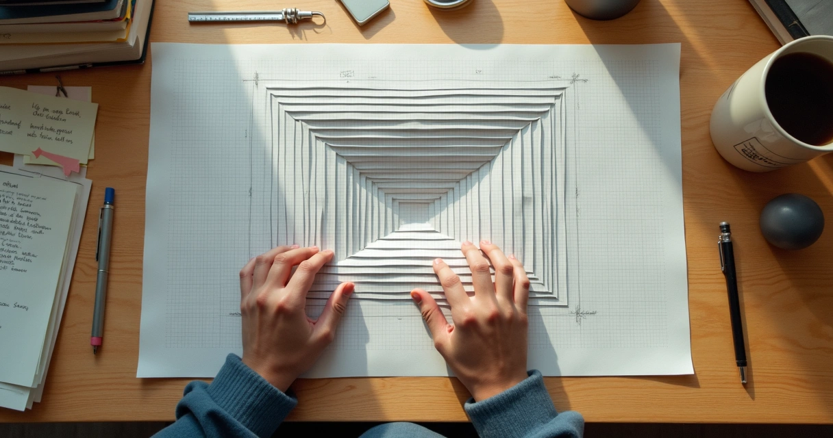 Persona observando un laberinto hecho de papel milimétrico desde una mesa 