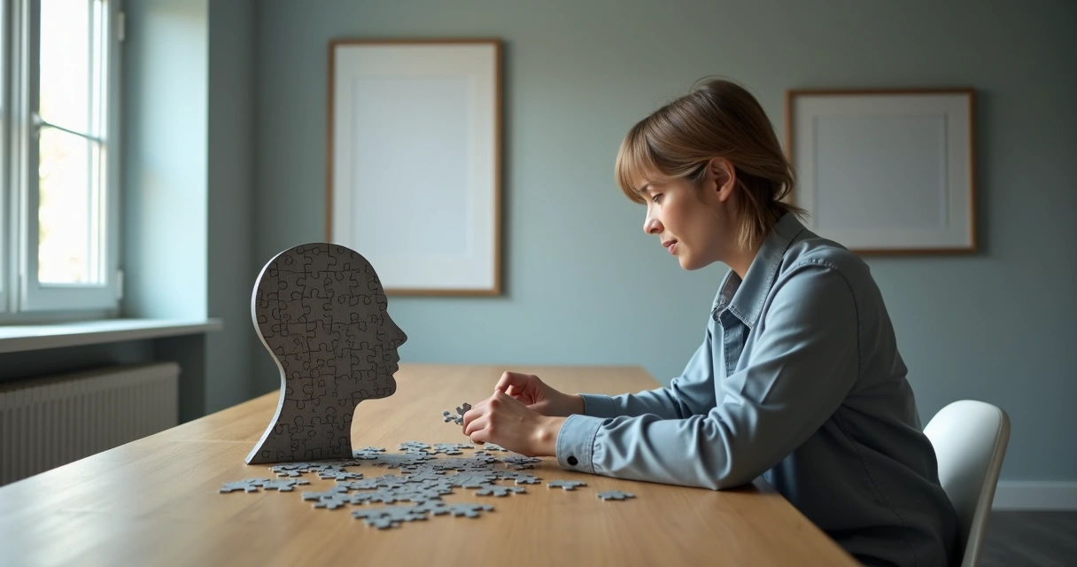 Pessoa tentando montar quebra-cabeça de si mesma com peças faltando 