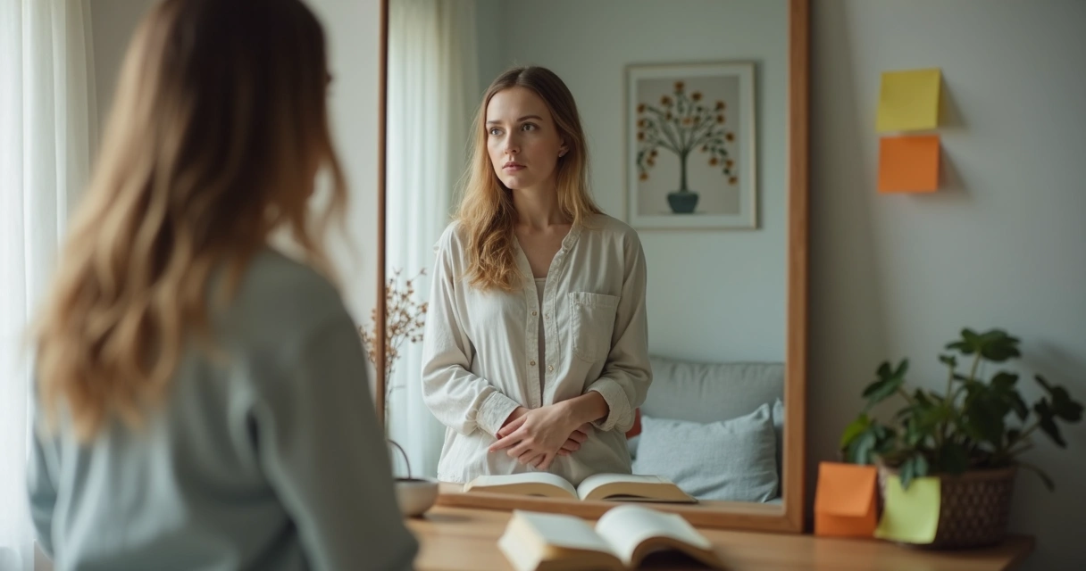 Pessoa olhando para um espelho com reflexo distorcido, simbolizando autocrítica