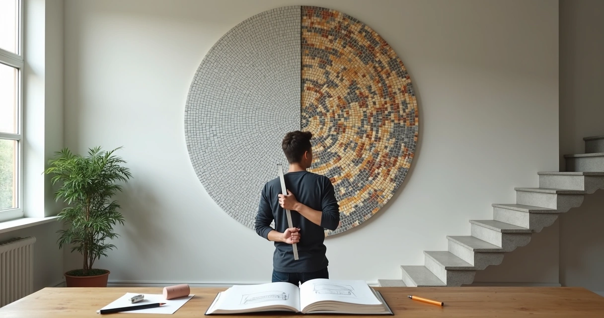 Pessoa avaliando mosaico incompleto ao lado de escada quebrada e outra fluida 
