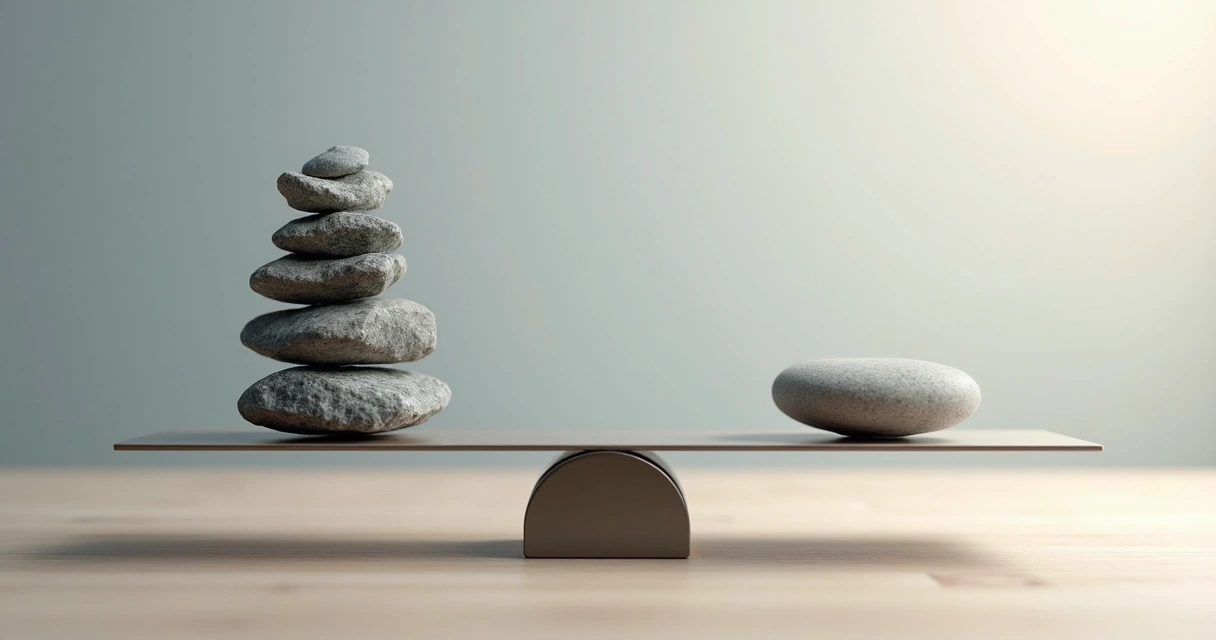 Close-up of two contrasting stones balanced on a minimalist scale 