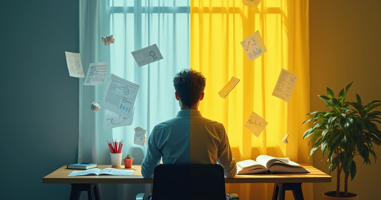 Person at desk split by light and shadow, showing tension and calm 