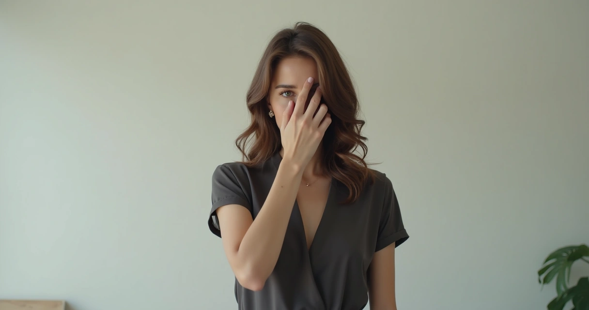 Mulher em local neutro com rosto parcialmente coberto, cenário limpo e claro 