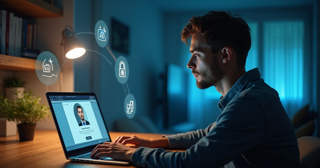 Homem confiante acessando uma plataforma com perfil verificado 