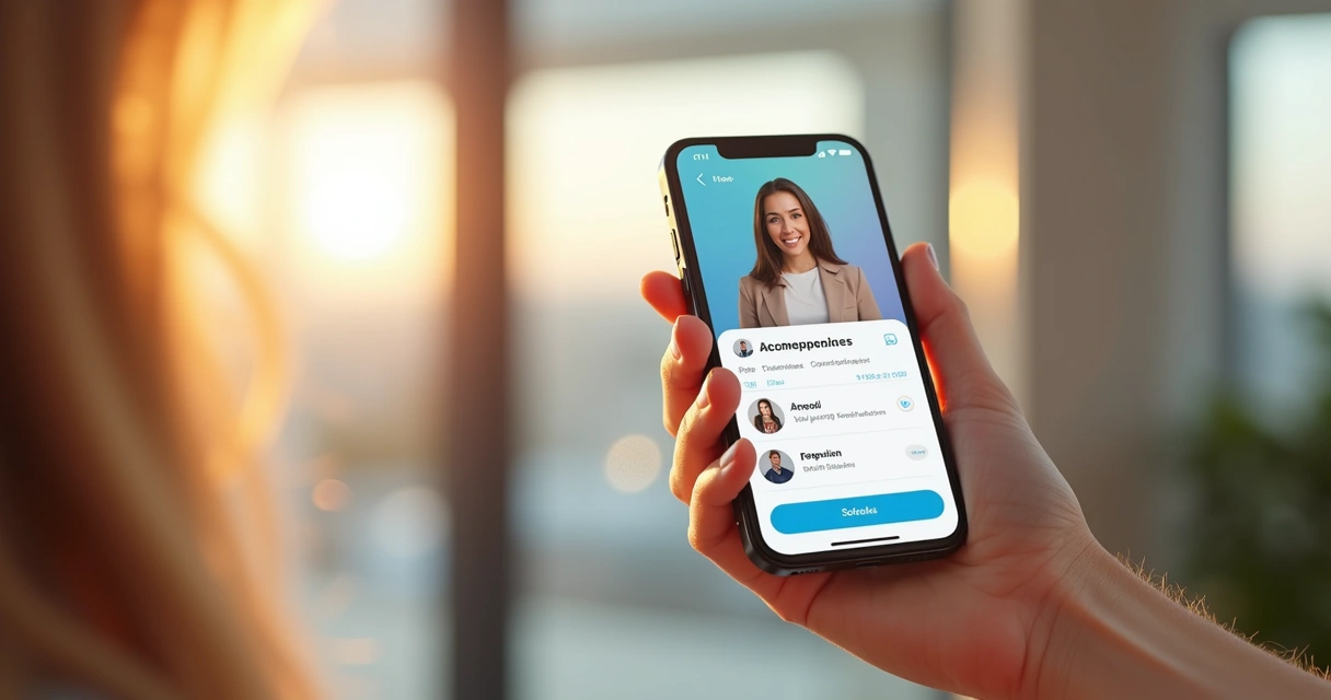 Perfil autenticado de acompanhante exibido em tela de smartphone em ambiente claro e moderno 