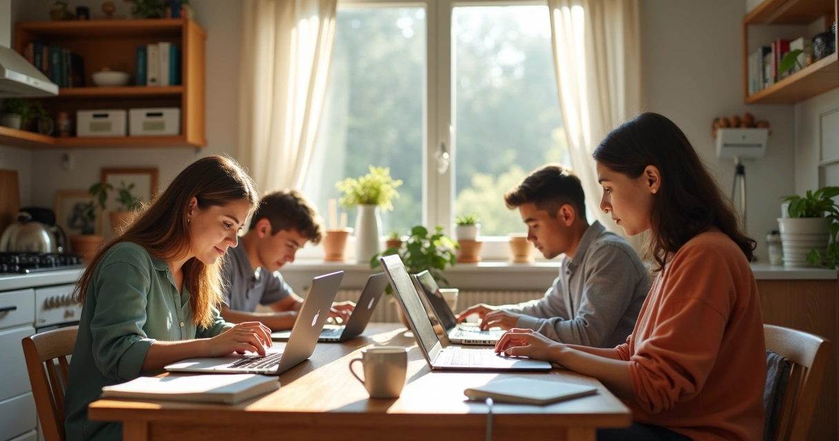 Alunos de diferentes idades estudando em casa 
