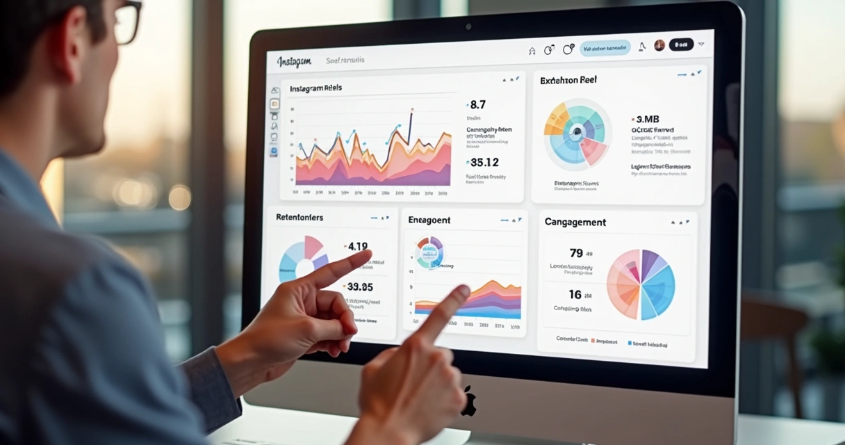 Dashboard de análise de métricas do Instagram Reels com gráficos coloridos 