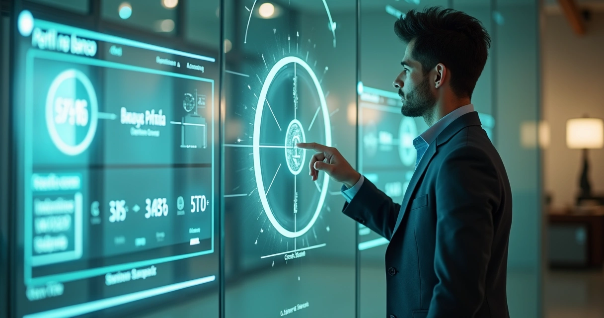 Pessoa observa painel digital dividindo limite de cartão e score de crédito 