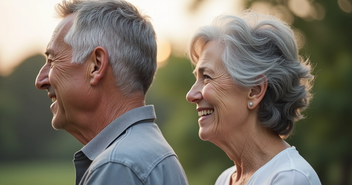 Perfil de homem e mulher com cabelos grisalhos sorrindo