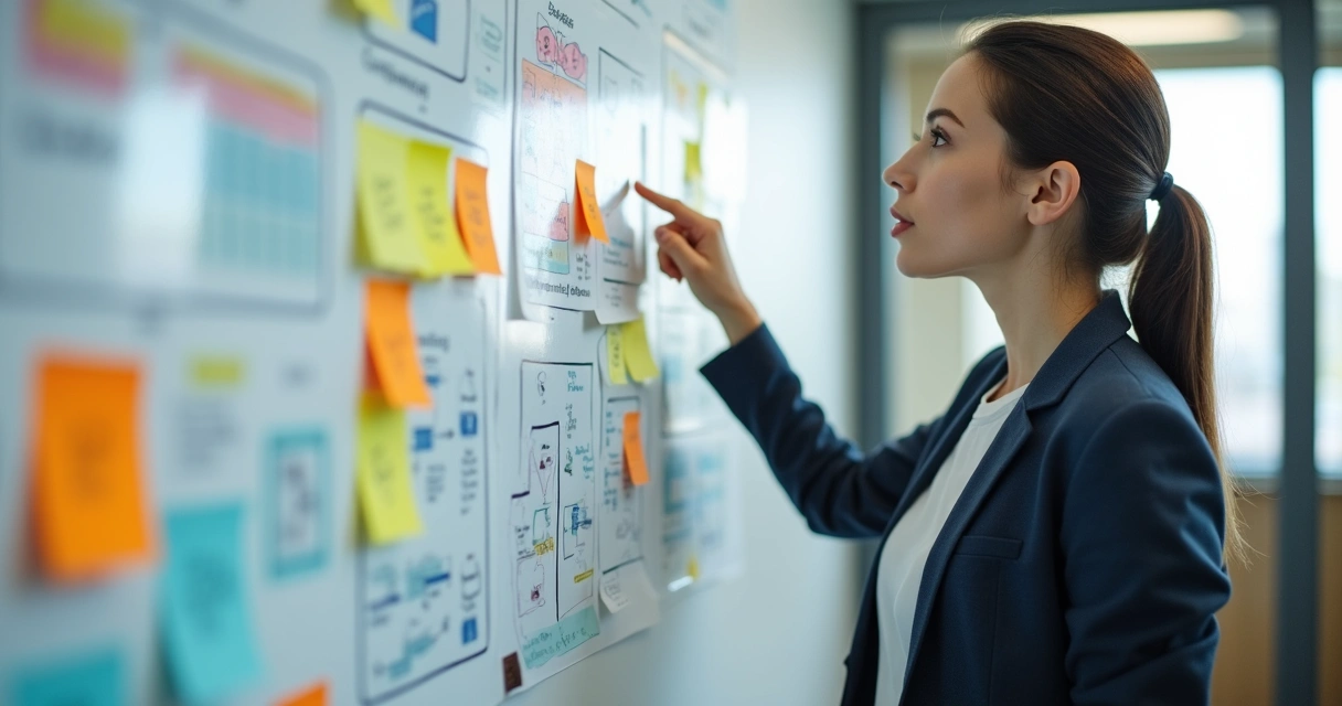 Mulher analisando perfil de cliente em quadro branco 