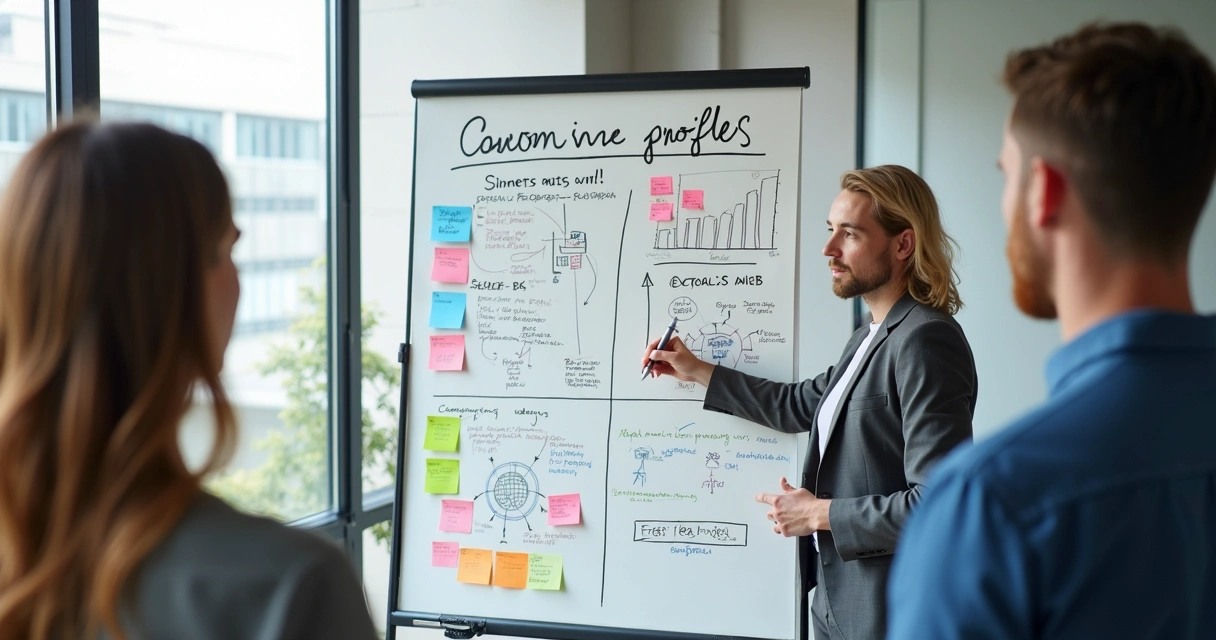 Como medir resultados de abordagem fria B2B na prática no dia a dia 3 Quadro branco com anotações sobre perfil de cliente ideal (ICP) em ambiente de escritório.