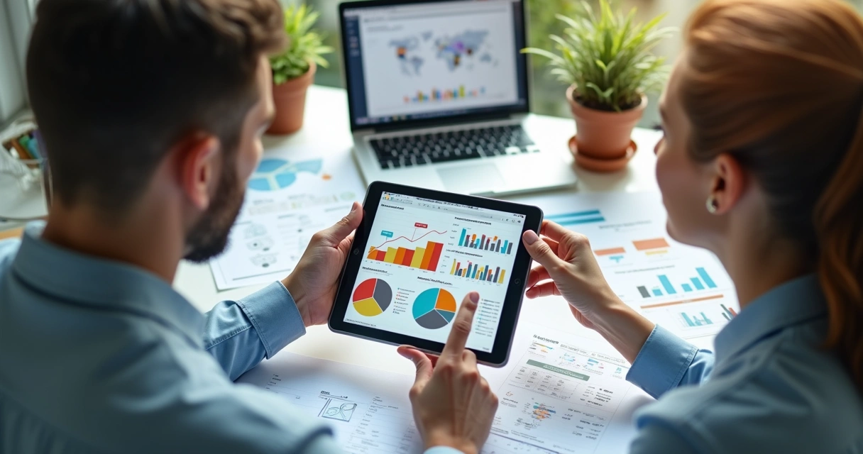Pessoas analisando gráficos sobre perfil de cliente ideal exibidos em tablet 
