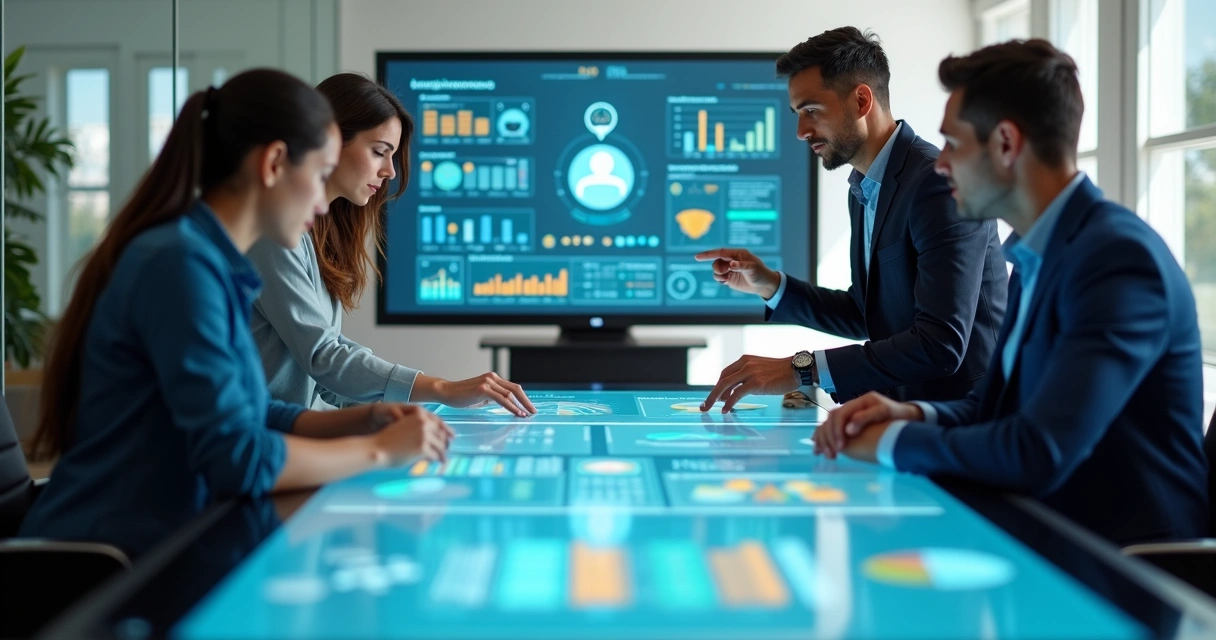 Equipe de marketing analisando o perfil de cliente ideal em um painel digital 