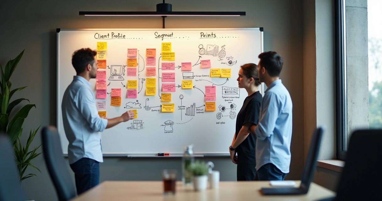 Quadro branco com post-its coloridos representando perfil de cliente ideal 