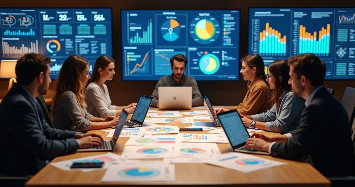 Imagem detalhada de análise de dados de perfil de cliente ideal em ecommerce com gráficos, computadores e equipe discutindo estratégias digitais 