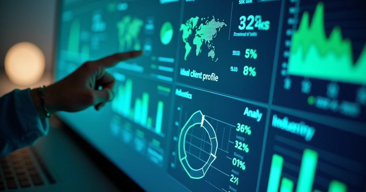 Painel digital mostrando perfil de cliente ideal e análises de dados