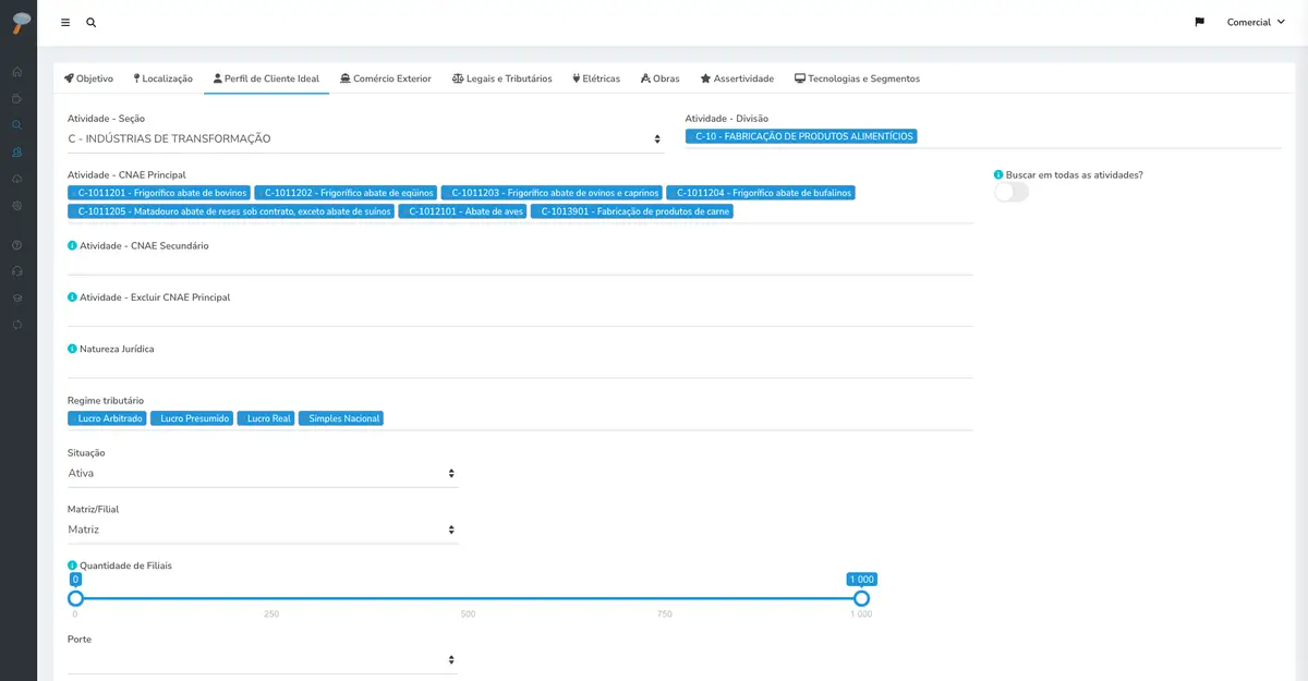 Tela da plataforma Prospectei mostrando a aba Perfil de Cliente Ideal com filtros de atividades, regime tributário, situação e quantidade de filiais