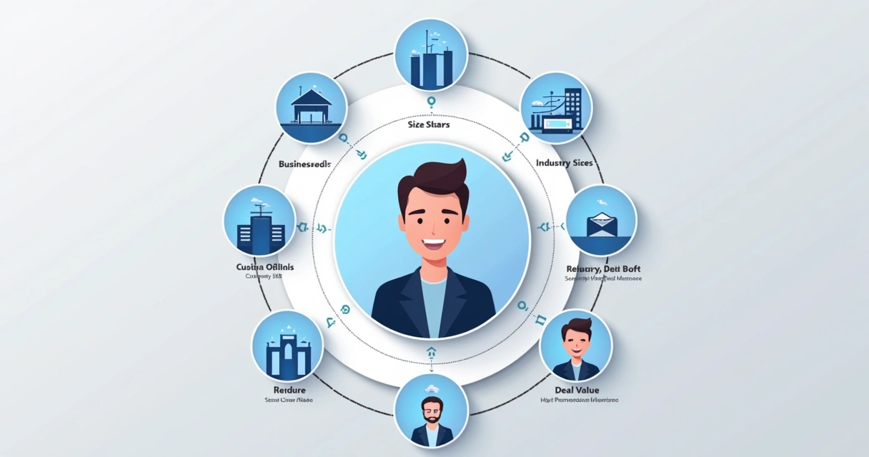 Desenho digital de um avatar de cliente cercado por ícones de metas e segmentos 