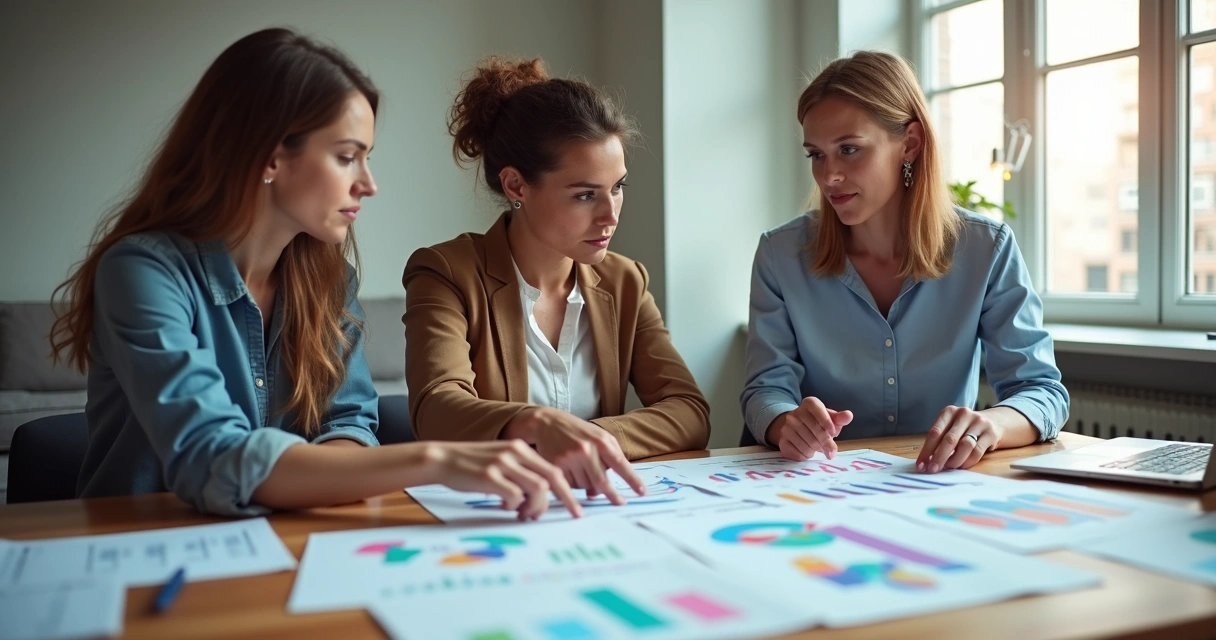 Equipe reunida analisando perfis de clientes em papéis coloridos na mesa 