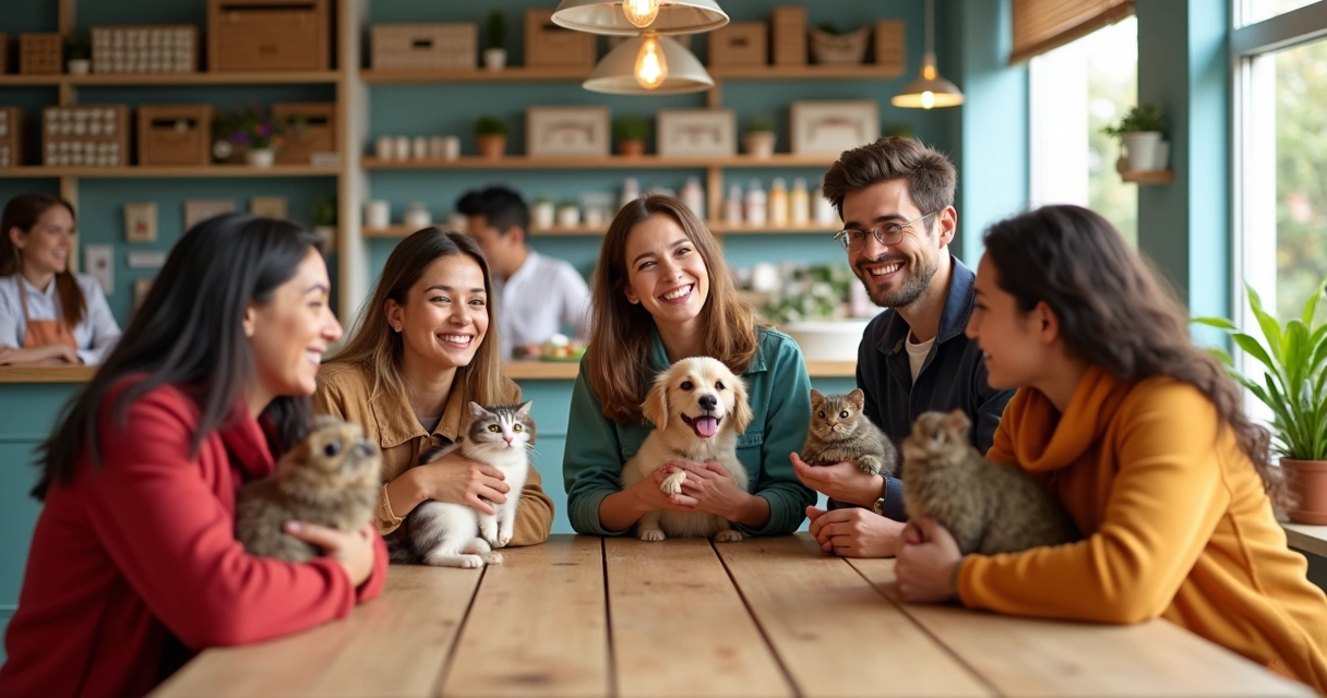 Cinco tutores de pets conversando ao lado de uma mesa, cada um segurando um animal de estimação diferente 
