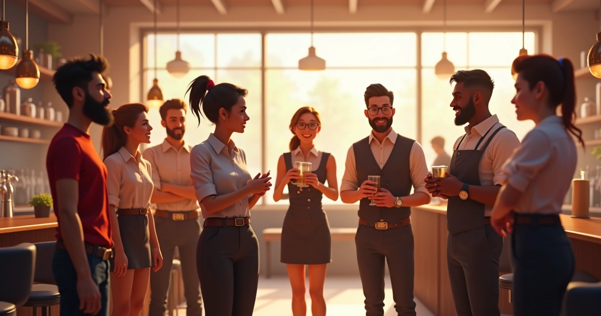 Grupos diversificados de candidatos com uniforme de bar em sala de entrevista