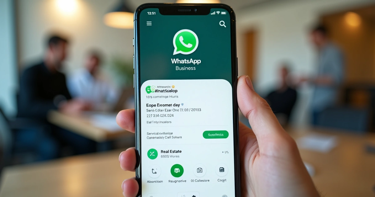 Tela de perfil comercial do WhatsApp Business com logo de imobiliária 