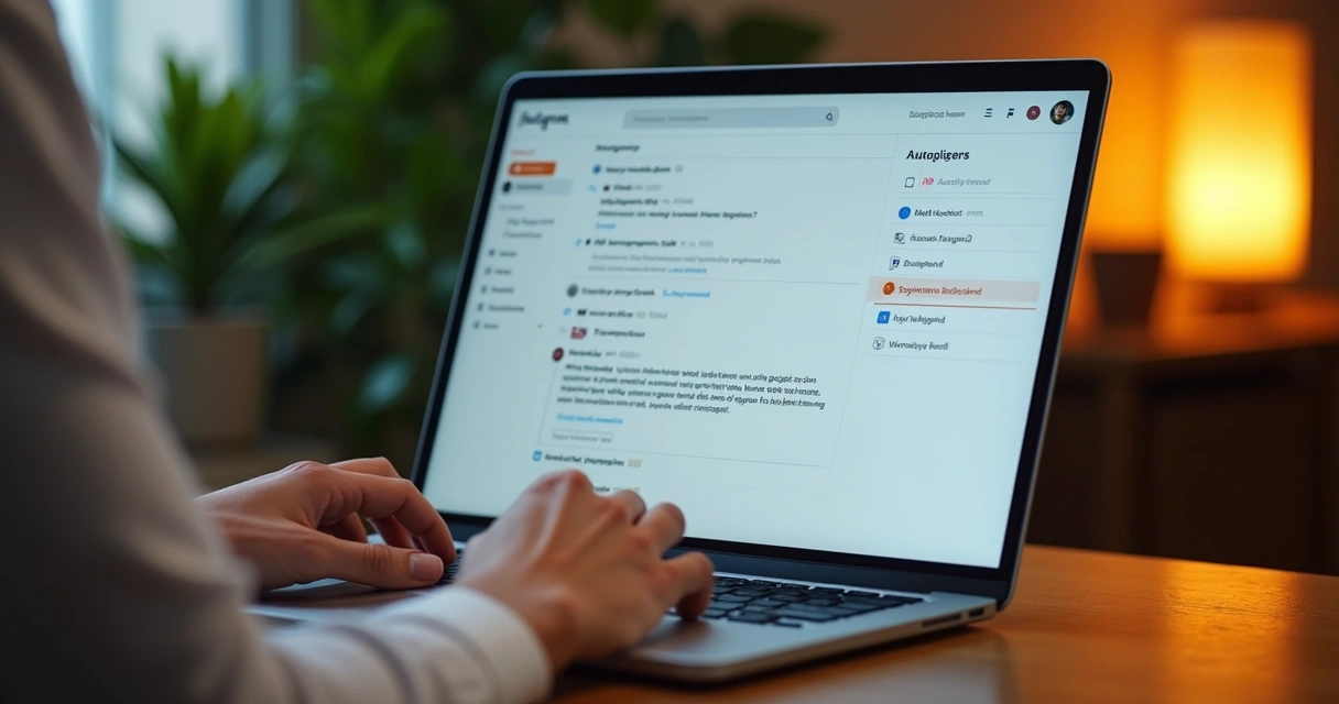 Pessoa usando painel de configuração de automação no Instagram em notebook 