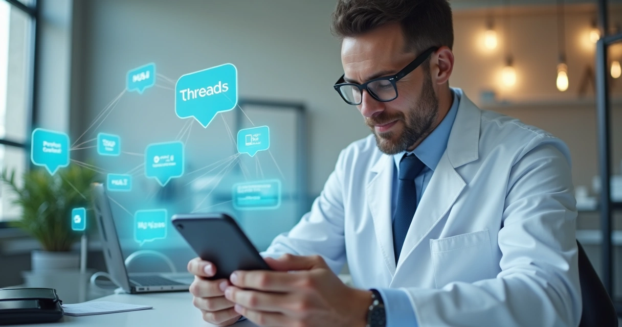 Dentista com jaleco interagindo com seguidores em tela de smartphone