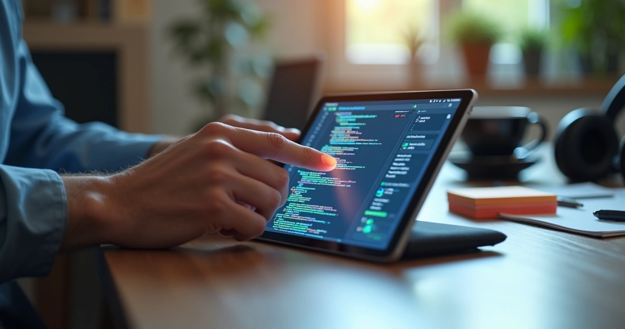 Desenvolvedor de aplicativos mobile tocando tela de tablet com linhas de código e design de app