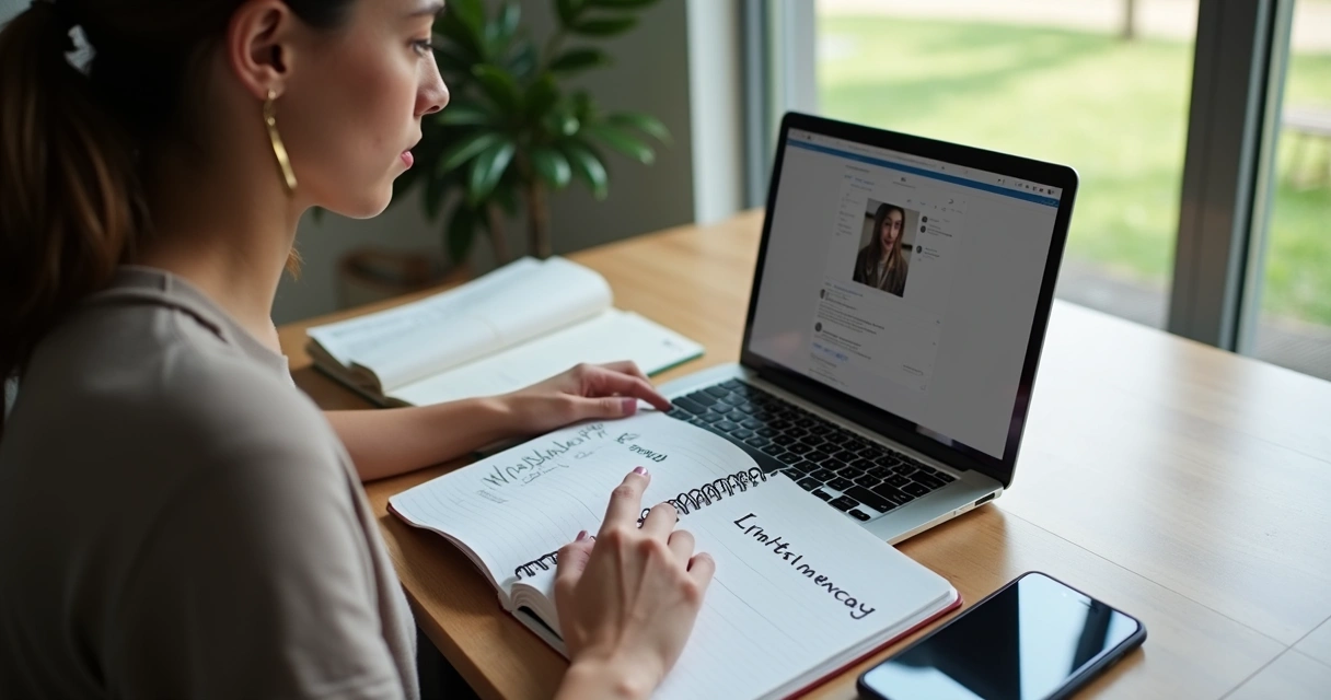 Pessoa ajustando perfil digital com anotações ao lado 