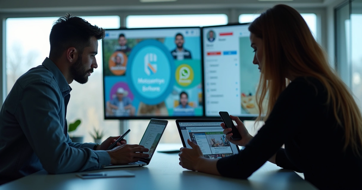 Duas pessoas usando notebooks e celulares em escritório com telas mostrando perfis digitais 