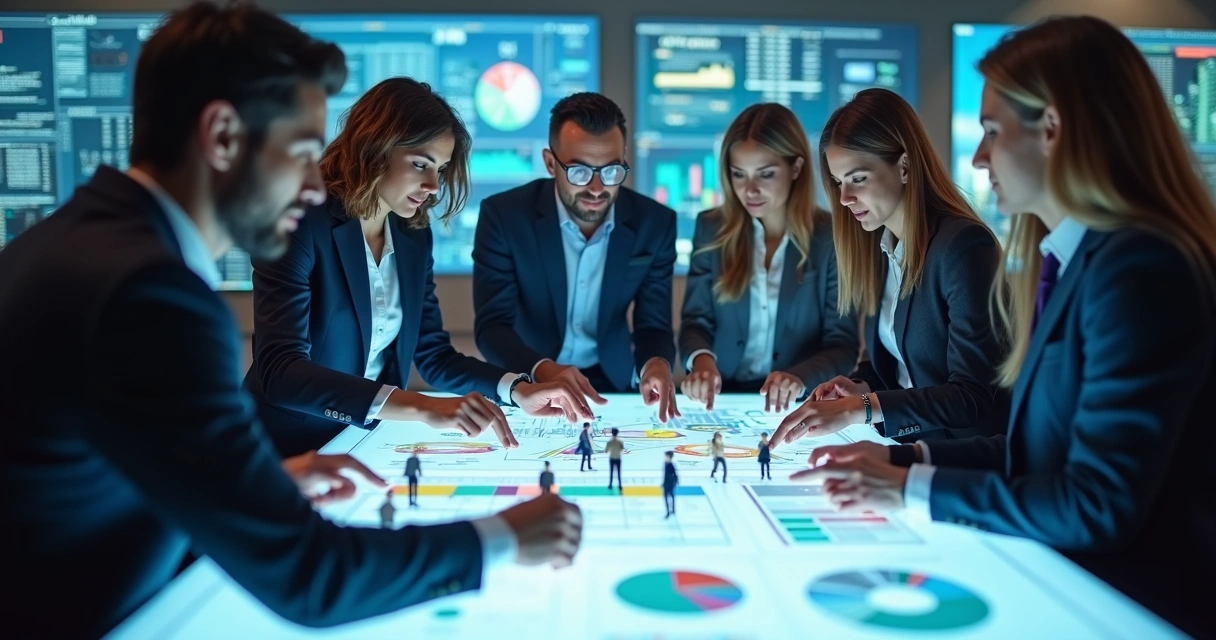 Equipe analisando diferentes perfis de cliente e tipos de produto em uma mesa interativa 