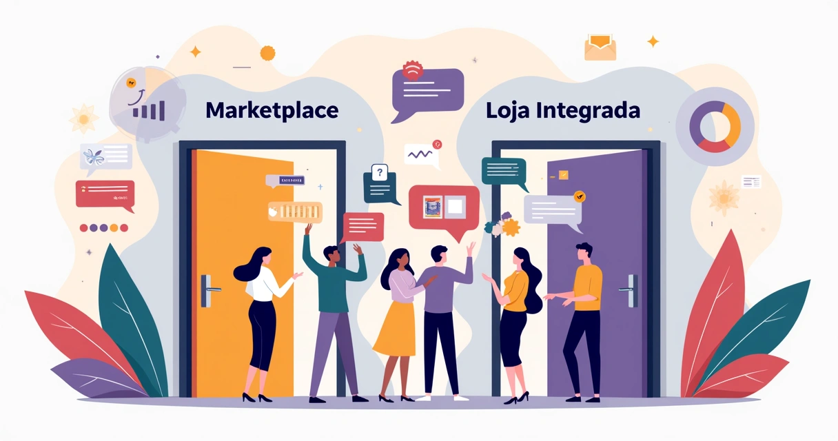 Diferentes pessoas avaliando entre marketplace e loja própria com ícones de produtos. 