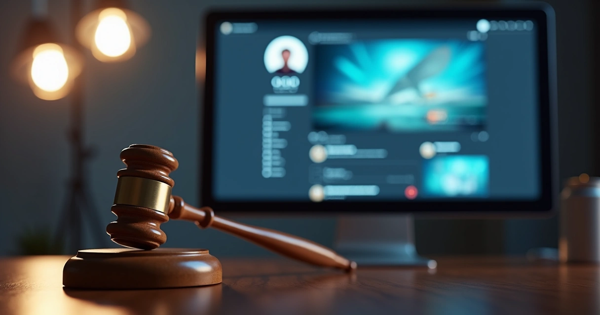 Balança da justiça diante de tela de computador exibindo redes sociais 